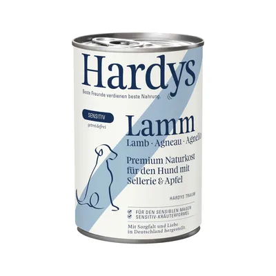 Hardys Lamm Sensitiv, senza cereali. Alimento naturale premium per cani con sedano e mela. Per stomaci sensibili, formula alle erbe Sensitiv. Prodotto in Germania.