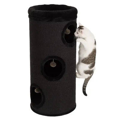 Cat climbing a black cylindrical scratching tower with three circular openings, each containing a hanging ball toy inside.