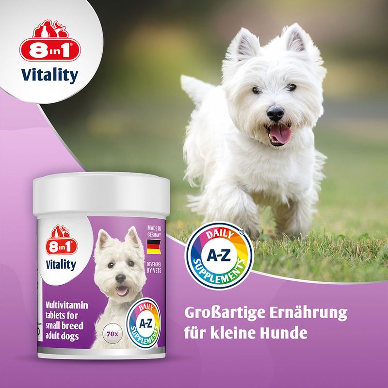 8in1 Vitality Multivitamin-Tabletten für kleine Hunderassen, Made in Germany, entwickelt von Tierärzten. Daily A-Z Supplement. Großartige Ernährung für kleine Hunde.