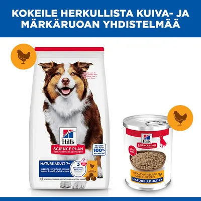 Hill's Science Plan Mature Adult 7+ kuiva- ja märkäruoka kanalla, kuva pussista ja purkista, maininta 100 % tasapainoisesta ravinnosta ja 3 olennaisesta hyödystä. Hill's Science Plan Mature Adult 7+ kuiva- ja märkäruoka kanalla, kuva pussista ja purkista, maininta 100 % tasapainoisesta ravinnosta ja 3 olennaisesta hyödystä.