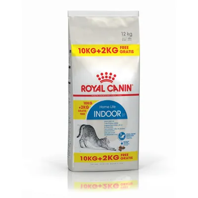 Balení Royal Canin Home Life Indoor 27, 12 kg, s nápisem 10KG+2KG FREE GRATIS. Obrázek kočky a granulek na přední straně obalu.