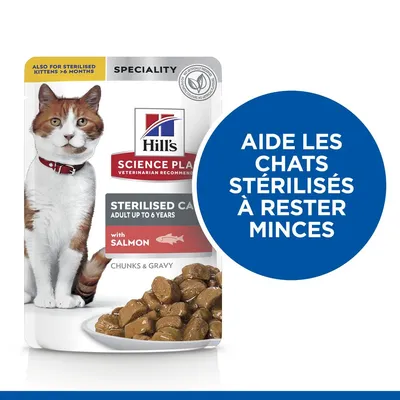 Hill's Science Plan Sterilised Cat with Salmon, chunks & gravy. Texte visible : « Aide les chats stérilisés à rester minces », « Also for sterilised kittens >6 months » en anglais.