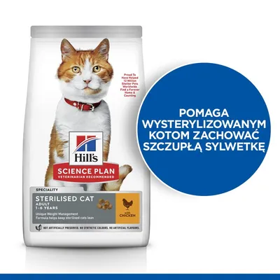 Hill's Science Plan Sterilised Cat Adult z kurczakiem. Pomaga wysterylizowanym kotom zachować szczupłą sylwetkę. Opakowanie 1–6 lat, widoczny kot na froncie.