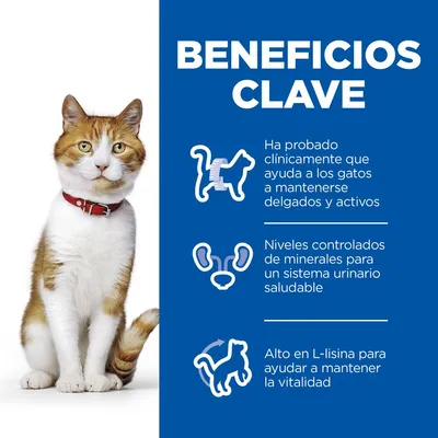 Beneficios clave: ayuda a los gatos a mantenerse delgados y activos, niveles controlados de minerales para sistema urinario saludable, alto en L-lisina para mantener la vitalidad.