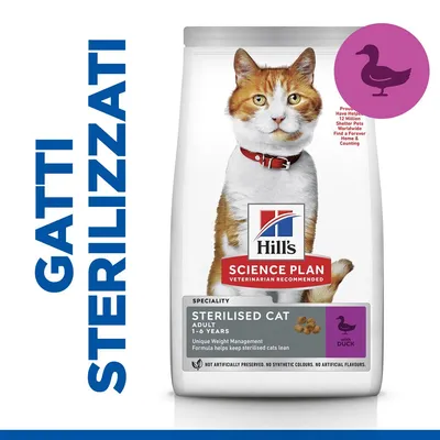 Hill's Science Plan Sterilised Cat Adult 1–6 years con anatra, alimento per gatti sterilizzati. Testo visibile: GATTI STERILIZZATI, with duck, no artificial flavours.