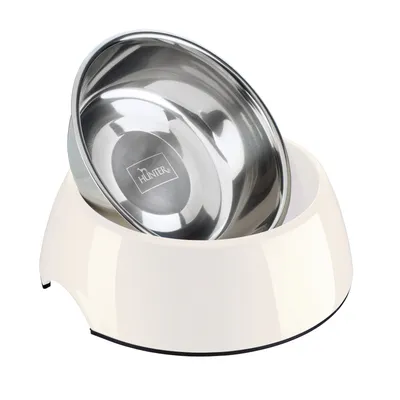 Miska ze stali nierdzewnej z wyjmowaną wkładką, marka Hunter, na białym stojaku z tworzywa sztucznego.