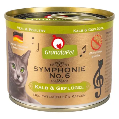 Scatoletta GranataPet Symphonie No.6 Kalb & Geflügel, Delicatessen für Katzen, senza cereali, prodotto in Germania, immagine di gatto e simboli musicali visibili sull'etichetta.