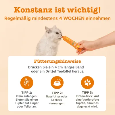 Konstanz ist wichtig! Regelmäßig mindestens 4 Wochen einnehmen. Fütterungshinweise: 4 cm Band oder 1/3 Teelöffel herausdrücken. Tipps: langsam anfangen, mit Nassfutter mischen, auf Pfote geben.