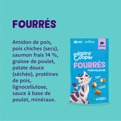 Edgard Cooper Fourrés avec ingrédients naturels : amidon de pois, pois chiches, saumon frais 14 %, graisse de poulet, patate douce, protéine de pois, lignocellulose, sauce de poulet, minéraux.