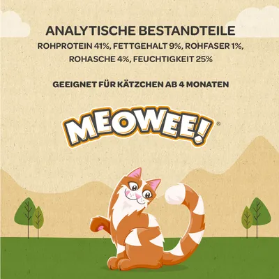 Analytische Bestandteile: Rohprotein 41%, Fettgehalt 9%, Rohfaser 1%, Rohasche 4%, Feuchtigkeit 25%. Geeignet für Kätzchen ab 4 Monaten. Marke: Meowee!