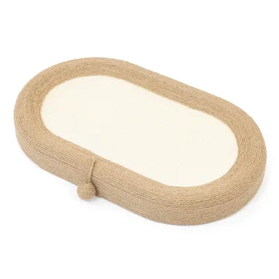 Ovales Kratzbrett aus beigem Sisal mit weißer Kratzfläche und befestigtem Spielball.
