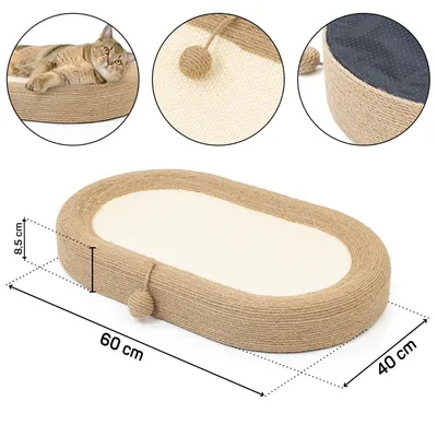 Katzenbett aus Sisal mit Spielball, Maße: 60 x 40 x 8,5 cm. Detailansichten von Material und rutschfester Unterseite.
