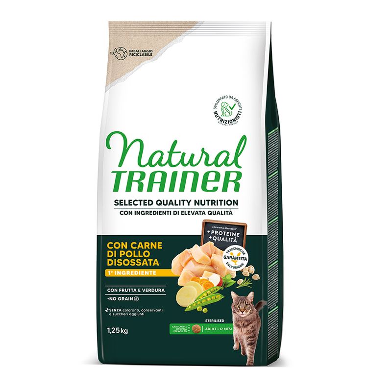 Natural Trainer Katzenfutter, 1,25kg, mit entbeintem Hühnerfleisch, Obst und Gemüse, ohne Getreide, ohne Zuckerzusatz, für sterilisierte Katzen ab 12 Monaten. Verpackung recycelbar.