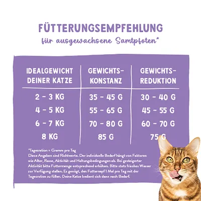 Fütterungsempfehlung für ausgewachsene Katzen: Tabelle mit Idealgewicht, Tagesration zur Gewichtskonstanz und Gewichtsreduktion in Gramm pro Tag. Hinweise zu individueller Anpassung. Fütterungsempfehlung für ausgewachsene Katzen: Tabelle mit Idealgewicht, Tagesration zur Gewichtskonstanz und Gewichtsreduktion in Gramm pro Tag. Hinweise zu individueller Anpassung.