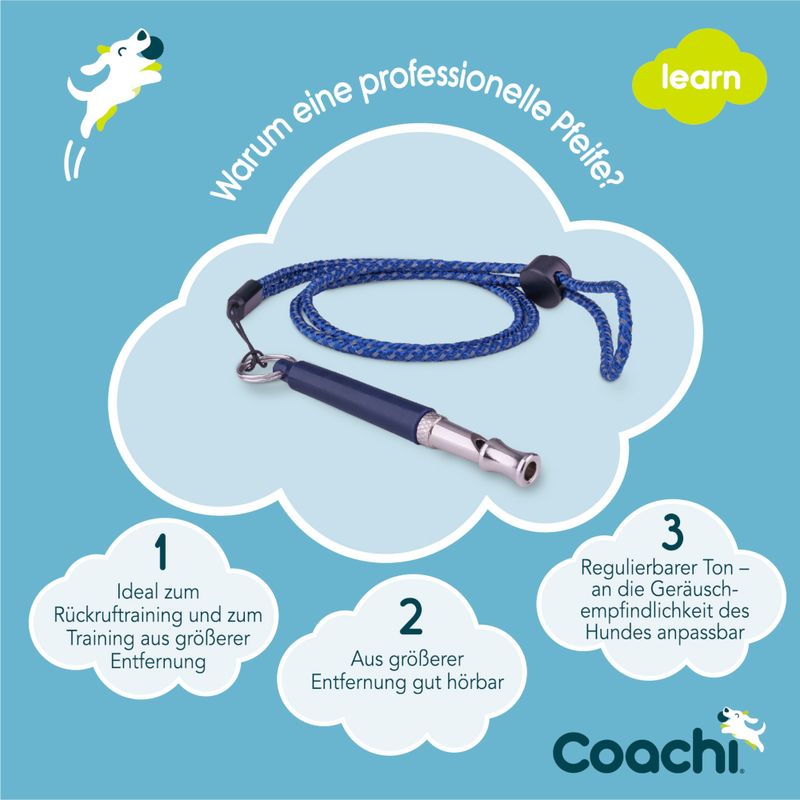 Coachi Hundepfeife. Ideal für Rückruftraining und Training aus größerer Entfernung, gut hörbar, regulierbarer Ton an die Geräuschempfindlichkeit des Hundes anpassbar.