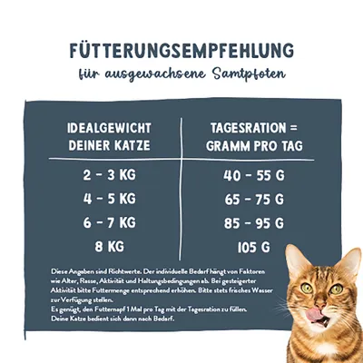 Fütterungsempfehlung für ausgewachsene Katzen: 2-3 kg = 40-55 g, 4-5 kg = 65-75 g, 6-7 kg = 85-95 g, 8 kg = 105 g pro Tag. Hinweise zu individuellen Bedürfnissen unten. Fütterungsempfehlung für ausgewachsene Katzen: 2-3 kg = 40-55 g, 4-5 kg = 65-75 g, 6-7 kg = 85-95 g, 8 kg = 105 g pro Tag. Hinweise zu individuellen Bedürfnissen unten.