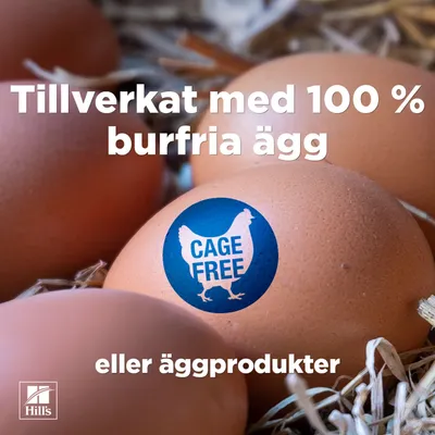 Tillverkad med 100 % ägg eller äggprodukter från frigående höns. Cage Free. Tillverkad med 100 % ägg eller äggprodukter från frigående höns. Cage Free.