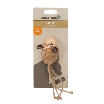 Beeztees Cat Fun Katzenspielzeug mit Catnip, Kork-Maus mit braunen Ohren und Schnur. Verpackung zeigt Produktname und Marke.