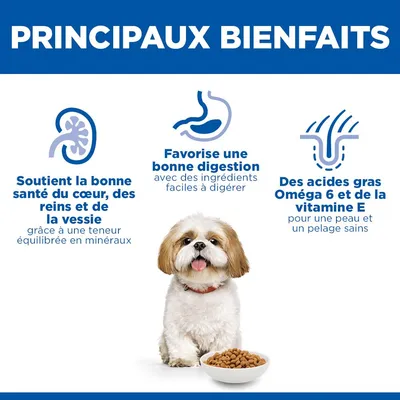 Principaux avantages : Soutient la santé du cœur, des reins et de la vessie, favorise la digestion, acides gras oméga-6 et vitamine E pour une peau et une fourrure saines. Chien représenté avec une gamelle.