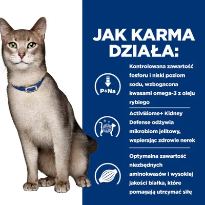 Infografika z kotem i polskim tekstem o właściwościach karmy: kontrolowany fosfor, mało sodu, omega-3 z oleju rybiego, wspomaganie mikrobiomu jelitowego, wysokiej jakości aminokwasy.
