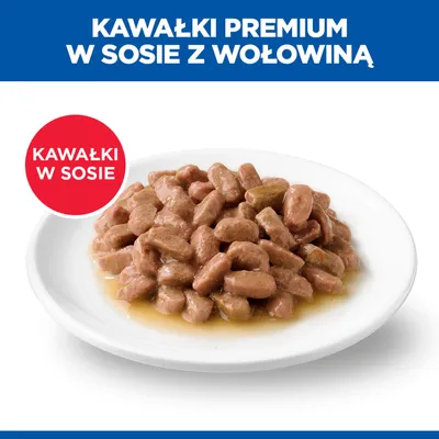 @@@ @@n@@ - Kawałki Premium w sosie z mięsem wołowym, kawałki mięsa w sosie na białym talerzu, tekst: Kawałki w sosie. @@@ @@n@@ - Kawałki Premium w sosie z mięsem wołowym, kawałki mięsa w sosie na białym talerzu, tekst: Kawałki w sosie.