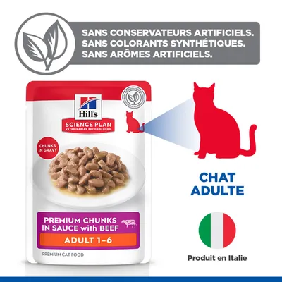 Hill's Science Plan Bouchées Premium en Sauce au bœuf Adulte 1-6, sans conservateurs, colorants ou arômes artificiels. Pour chats adultes. Fabriqué en Italie. Hill's Science Plan Bouchées Premium en Sauce au bœuf Adulte 1-6, sans conservateurs, colorants ou arômes artificiels. Pour chats adultes. Fabriqué en Italie.