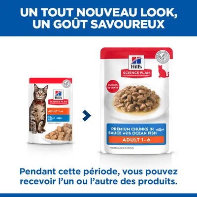 Hill's Science Plan Adulte 1-6 Poisson de l'océan nourriture pour chat : ancien et nouveau design d'emballage, indication sur la possible réception des deux variantes pendant la phase de transition. Hill's Science Plan Adulte 1-6 Poisson de l'océan nourriture pour chat : ancien et nouveau design d'emballage, indication sur la possible réception des deux variantes pendant la phase de transition.