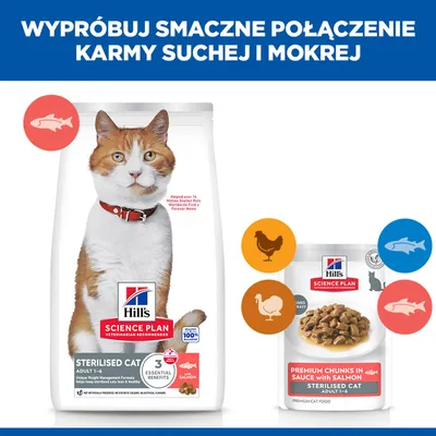 Hill's Science Plan Sterilised Cat Adult 1-6 karma sucha i mokra z łososiem, kurczakiem i indykiem przedstawiona. Tekst: "Wypróbuj smaczne połączenie karmy suchej i mokrej". Hill's Science Plan Sterilised Cat Adult 1-6 karma sucha i mokra z łososiem, kurczakiem i indykiem przedstawiona. Tekst: "Wypróbuj smaczne połączenie karmy suchej i mokrej".