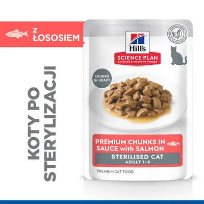 Hill's Science Plan Premium kawałki w sosie z łososiem, dla kotów sterylizowanych dorosłych 1-6, kawałki w sosie, koty po sterylizacji, premium karma dla kotów. Hill's Science Plan Premium kawałki w sosie z łososiem, dla kotów sterylizowanych dorosłych 1-6, kawałki w sosie, koty po sterylizacji, premium karma dla kotów.