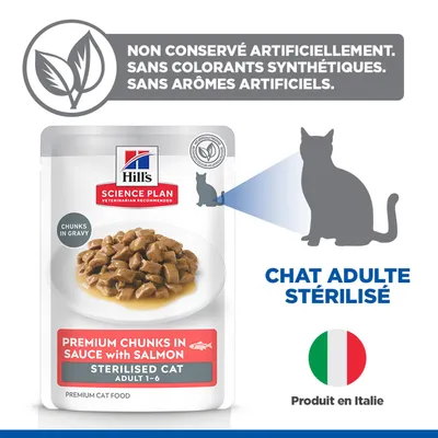 Hill's Science Plan Premium morceaux en sauce au saumon pour chats adultes stérilisés, sans conservateurs, colorants ni arômes artificiels, fabriqué en Italie. Hill's Science Plan Premium morceaux en sauce au saumon pour chats adultes stérilisés, sans conservateurs, colorants ni arômes artificiels, fabriqué en Italie.