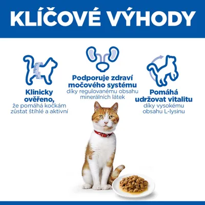 Klinicky potvrdené, podporuje zdravie močových ciest vďaka obsahu minerálnych látok a pomáha udržiavať vitalitu vďaka lyzínu. Obrázok mačky s krmivom.