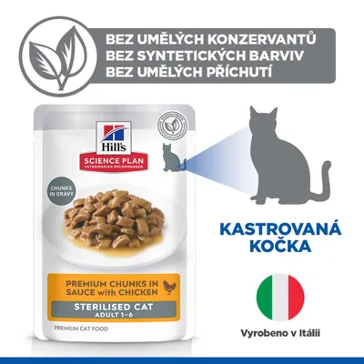 Hill's Science Plan Premium kúsky v omáčke s kuracím mäsom pre sterilizované mačky Adult 1-6, bez umelých konzervačných látok, farbív alebo aróm, vyrobené v Taliansku.
