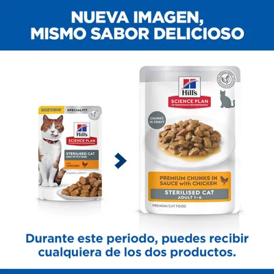Nota: Hill's Science Plan Sterilised Cat con pollo presenta un nuevo diseño de envase. Durante la fase de transición, se pueden entregar ambos paquetes.