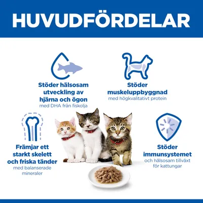 Huvudsakliga fördelar: Stöder en sund utveckling av hjärna och ögon, muskeluppbyggnad, starkt skelett och tänder samt immunsystemet hos kattungar. Med DHA från fiskolja och balanserade mineraler.