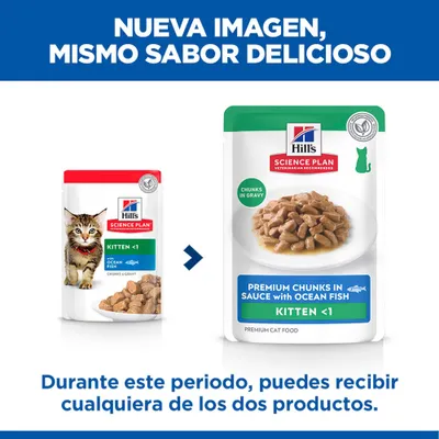 Hill's Science Plan comida para gatos Kitten <1 con pescado oceánico: diseño de envase antiguo y nuevo. Durante la transición, se puede entregar cualquiera de los dos envases. Hill's Science Plan comida para gatos Kitten <1 con pescado oceánico: diseño de envase antiguo y nuevo. Durante la transición, se puede entregar cualquiera de los dos envases.