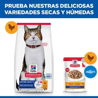 Hill's Science Plan Mature Adult 7+ comida seca y húmeda para gatos con pollo y pescado, receta equilibrada, se muestran bolsitas y saco. Hill's Science Plan Mature Adult 7+ comida seca y húmeda para gatos con pollo y pescado, receta equilibrada, se muestran bolsitas y saco.