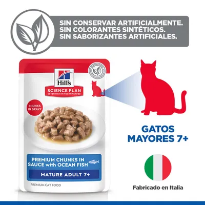 Hill's Science Plan Premium Trozos en Salsa con Pescado de Océano Mature Adult 7+, sin conservantes, colorantes ni aromas artificiales, elaborado en Italia. Hill's Science Plan Premium Trozos en Salsa con Pescado de Océano Mature Adult 7+, sin conservantes, colorantes ni aromas artificiales, elaborado en Italia.