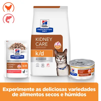 Hill's Prescription Diet Kidney Care k/d ração seca, comida húmida em lata e saqueta. Símbolos para frango e peixe. Texto: Experimente diferentes variedades de ração seca e comida húmida.