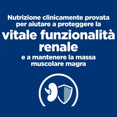 Alimentazione clinicamente testata per proteggere la funzione renale e mantenere la massa muscolare magra. Simbolo con rene e scudo.