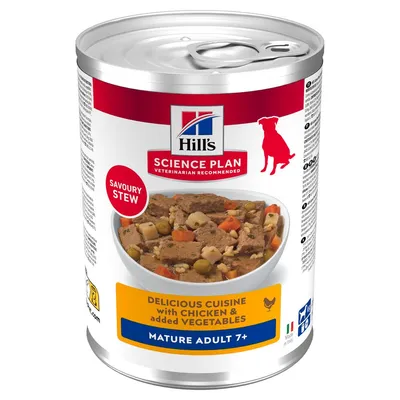 Hill's Science Plan Savoury Stew. Délicieuse cuisine au poulet et légumes ajoutés. Adulte mature 7+. Fabriqué en Italie. Hill's Science Plan Savoury Stew. Délicieuse cuisine au poulet et légumes ajoutés. Adulte mature 7+. Fabriqué en Italie.