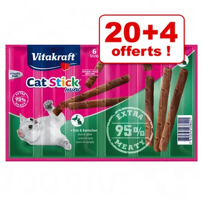 Vitakraft Cat Stick mini, 6 Sticks, Ente & Kaninchen, extra 95% meaty, zuckerfreie Rezeptur. Angebot: 20+4 offerts.