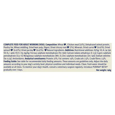 Ingredients, additives, analytical constituents, and feeding guide for adult working dogs. Protein 27%, fat 14%, ash 7.5%, fibre 2.5%. Net weight: 14kg. See table for daily feeding.