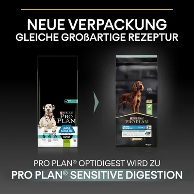 Neue Verpackung, gleiche grossartige Rezeptur. PRO PLAN Optidigest wird zu PRO PLAN Sensitive Digestion für Large Athletic Adult Hunde.