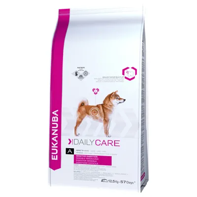 Bag labelled Daily Care Sensitive Digestion for adult pets, highlights sensitive digestion support and reduced tartar build-up. 12.5kg pack, estimated to last 57 days.