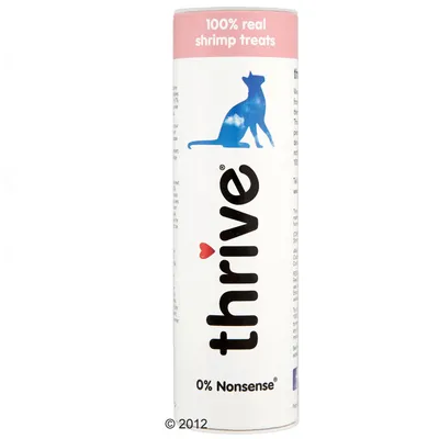 Ambalaj thrive, 100% real shrimp treats, 0% Nonsense. Imagine cu siluetă de pisică albastră pe fundal alb.