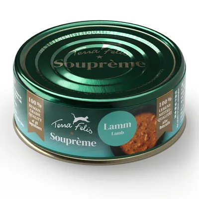 Terra Felis Souprème Lam. 100% fødevarekvalitet af alle råvarer. Human Grade-kvalitet af alle ingredienser. Terra Felis Souprème Lam. 100% fødevarekvalitet af alle råvarer. Human Grade-kvalitet af alle ingredienser.