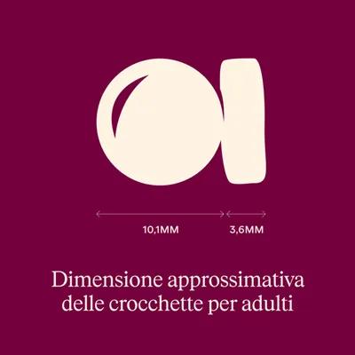 Rappresentazione delle dimensioni delle crocchette per adulti: diametro 10,1 mm, spessore 3,6 mm.