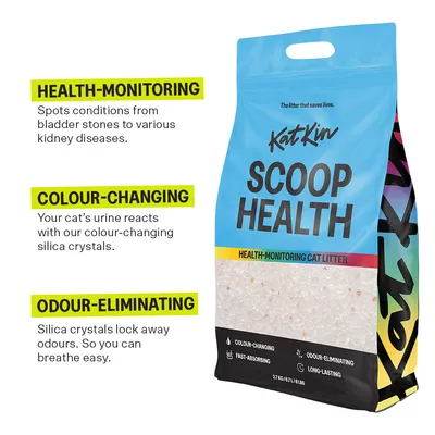 Cat litter with health-monitoring, colour-changing silica crystals that react to urine, and odour-eliminating properties. Spots conditions from bladder stones to kidney diseases.