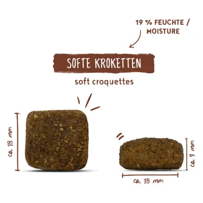 Softe Kroketten mit ca. 18 mm Durchmesser und ca. 9 mm Höhe, 19% Feuchte. Text: soft croquettes.