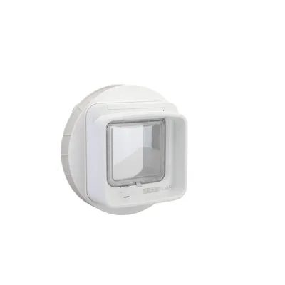 White pet door with clear flap, shown in closed position, suitable for installation in doors or walls.